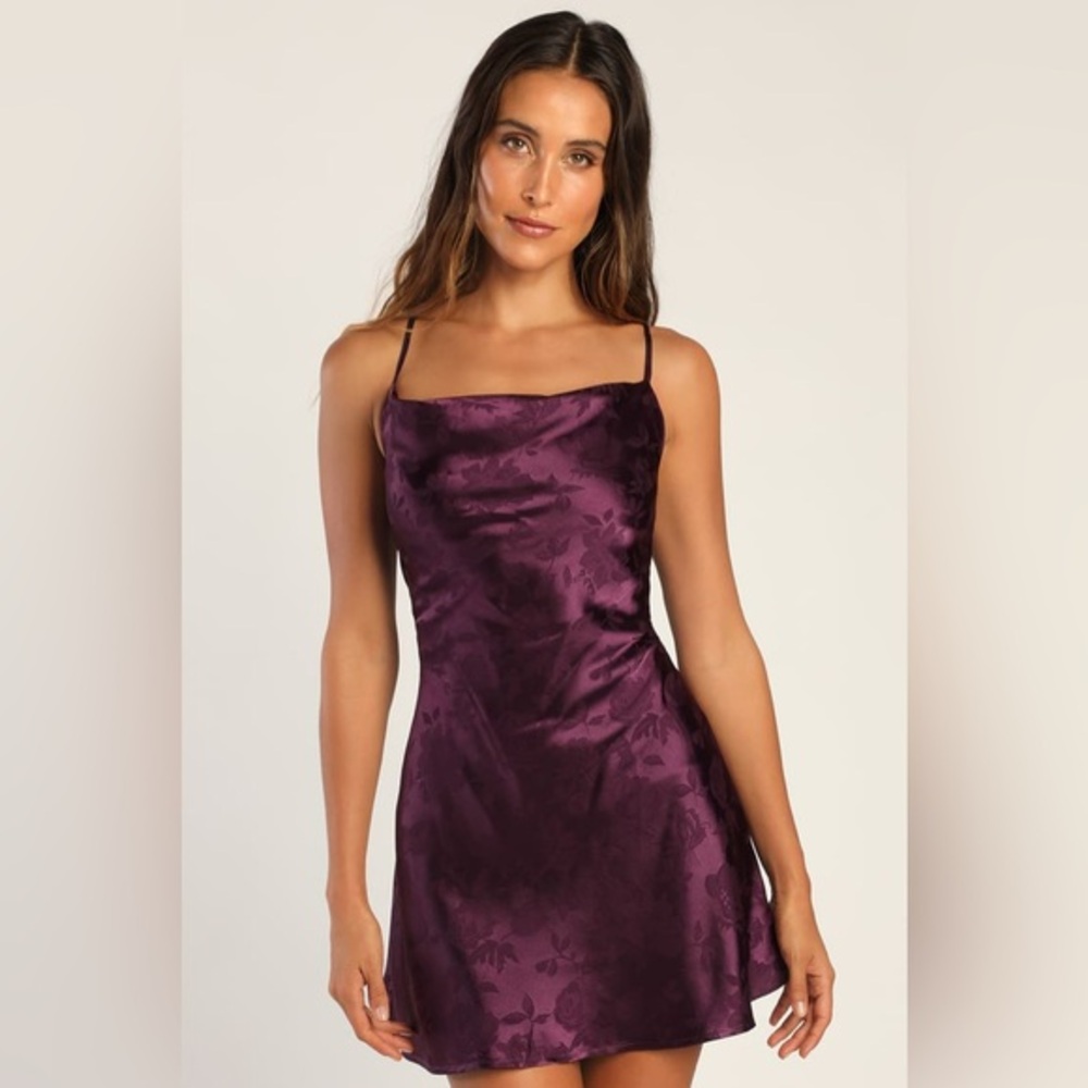 Lulus Close to Your Heart Plum Purple Satin Jacquard Cowl Slip Dress